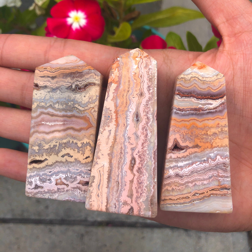Peachy / Pink Crazy Lace Agate Obelisk Towers